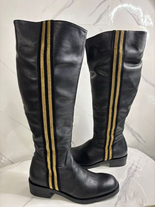 Stivali Al Ginocchio Pelle Nero Dettagli Oro