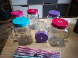 Set 6 Vasos Mason Jar con Tapa y Pajitas