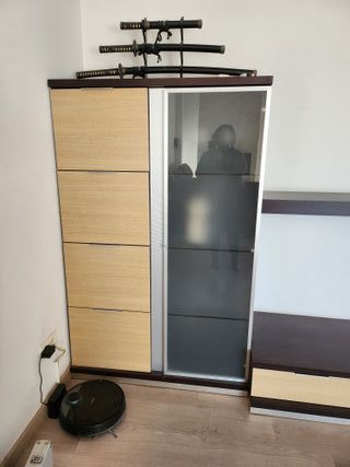 Mueble modular salón madera y cristal