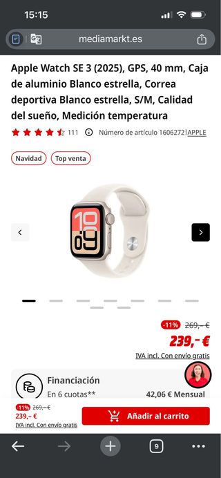 Apple Watch SE 40mm Plata/Blanco