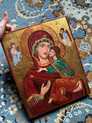 Icono ruso antiguo Virgen María y Niño Jesús