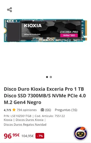 Disco Duro Kioxia Exceria Pro 1 TB 7300MB/S