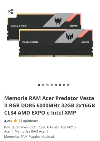 Memoria RAM 2x16 Acer Predator Vesta II DDR5 6000