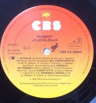 Julio Iglesias Momenti LP 12" 33 RPM 1982 CBS