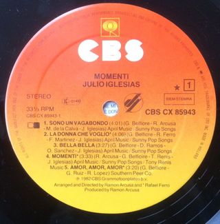 Julio Iglesias Momenti LP 12" 33 RPM 1982 CBS