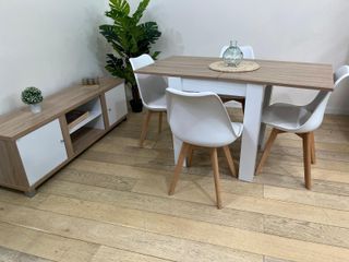 MESA DE COMEDOR EXTENSIBLE + 4 SILLAS NORDICAS + MUEBLE DE TV