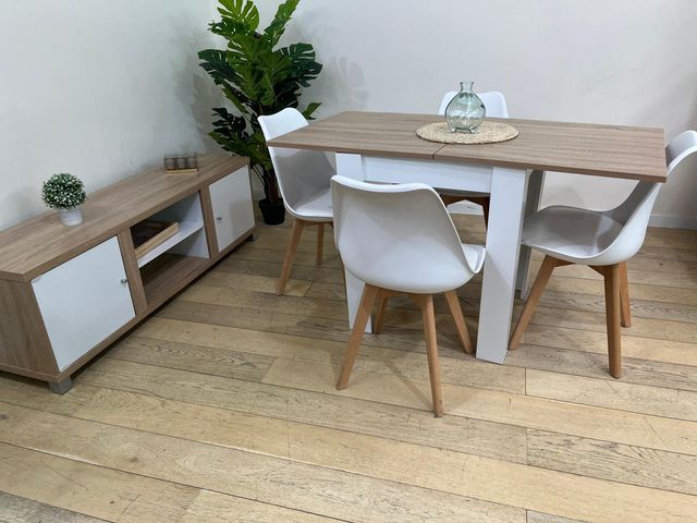 MESA DE COMEDOR EXTENSIBLE + 4 SILLAS NORDICAS + MUEBLE DE TV