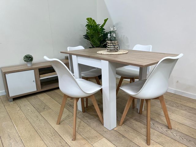 MESA DE COMEDOR EXTENSIBLE + 4 SILLAS NORDICAS + MUEBLE DE TV