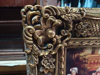 Oleografía con marco dorado ornamentado precioso