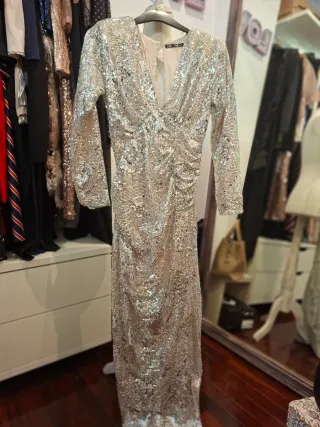 Vestido lentejuelas plateado Zara Talla XS