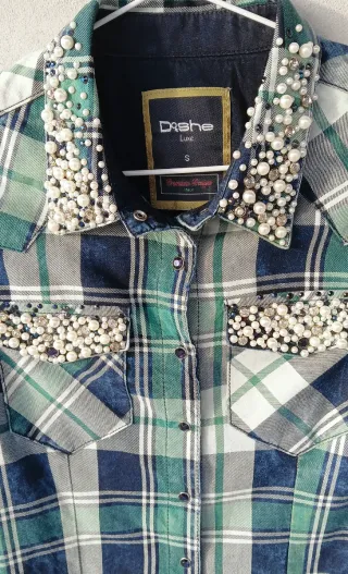 Camicia con perle, donna, Dishe Luxe, tg S, verde