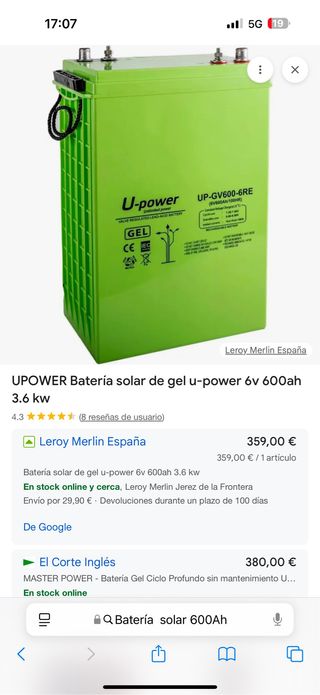 Batteria Solare U-POWER 6V 600Ah 3.6kW GEL tengos 2