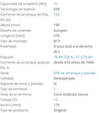 Batería Renault Hi-Life 70Ah EFB