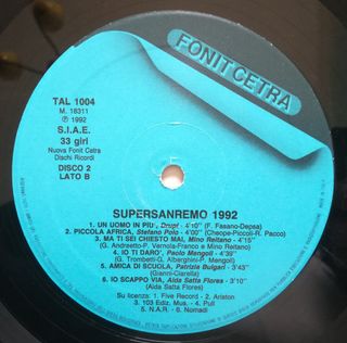Supersanremo 1992 2 LP 12" 33 RPM Compilation