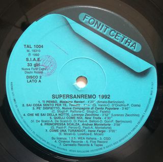 Supersanremo 1992 2 LP 12" 33 RPM Compilation