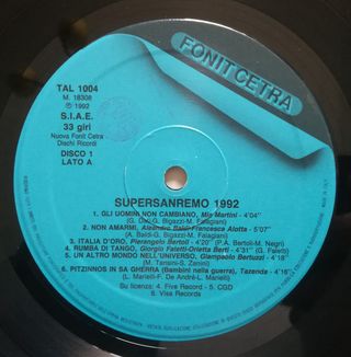 Supersanremo 1992 2 LP 12" 33 RPM Compilation