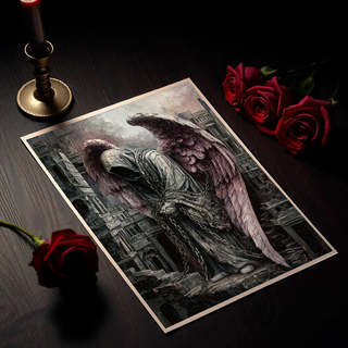 Ángel caído con alas rosas y cadenas