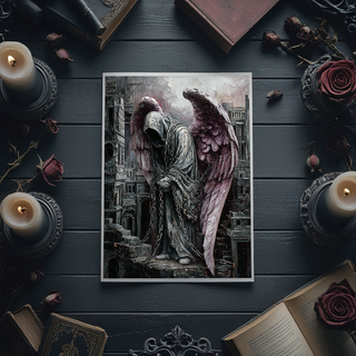 Ángel caído con alas rosas y cadenas