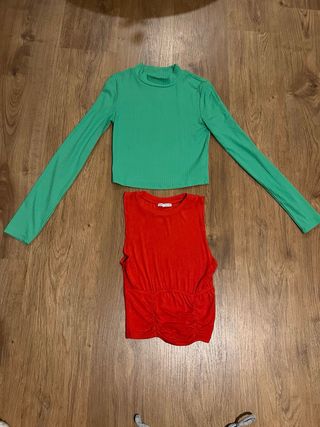 Lote 3 prendas XS: Vestido gris largo + 2 tops