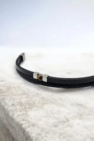 Pulsera hombre Elios cuero negro y acero