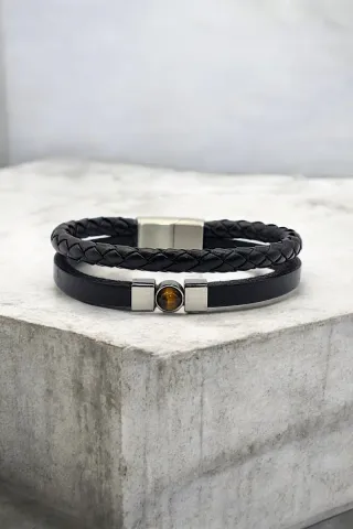 Pulsera hombre Elios cuero negro y acero