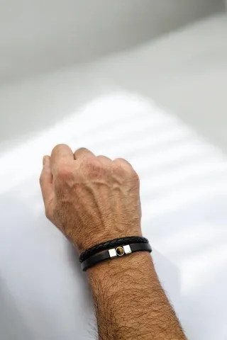 Pulsera hombre Elios cuero negro y acero