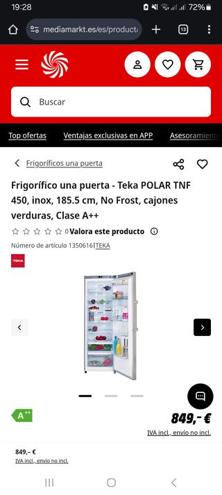 FRIGORIFICO Teka TNF 450 inox Clase A++ No Frost
