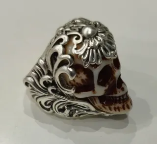 Anillo Calavera Hombre Plata y Marrón
