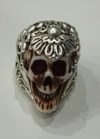 Anillo Calavera Hombre Plata y Marrón