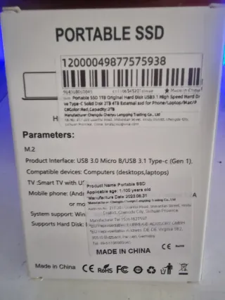 Disco Duro SSD Portátil 2TB USB 3.1