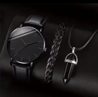 Set Reloj Geneva Negro Pulsera y Collar
