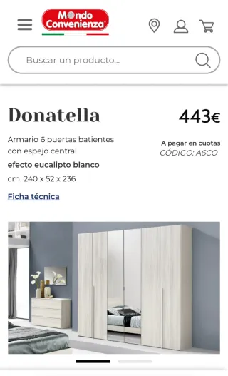 Armario 6 puertas batientes con espejo central.