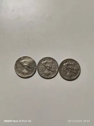 Lotto 3 monete 20 centesimi Lire Italiane