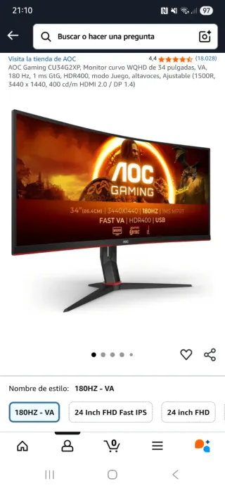 Monitor AOC 34 Curvo Negro