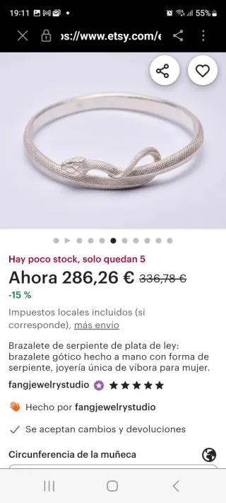 Brazalete Serpiente Plata con Piedra