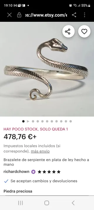 Brazalete Serpiente Plata con Piedra