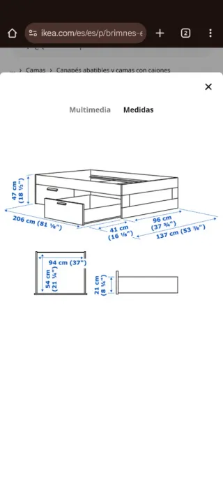Cama 90 Brimnes Ikea con cajones y colchón