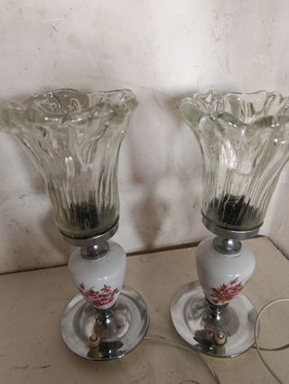Pareja lámparas cerámica y tulipa cristal soplado