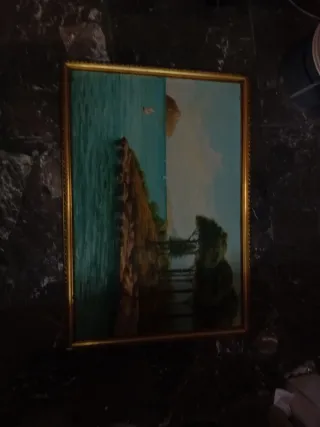 Quadro paesaggio marino con cornice dorata