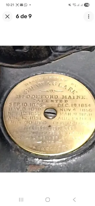 Máquina de coser antigua Shaw & Clark 1865