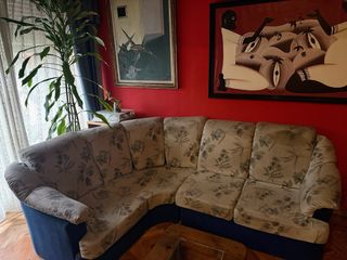 Sofá modular tela beige y azul