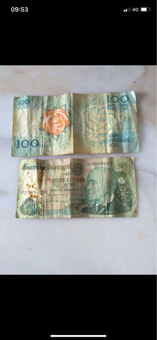 Notas antigas 100 e 20 escudos Portugal