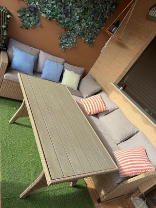 Conjunto sofá jardín 6 plazas mimbre y tela