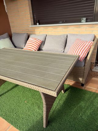 Conjunto sofá jardín 6 plazas mimbre y tela