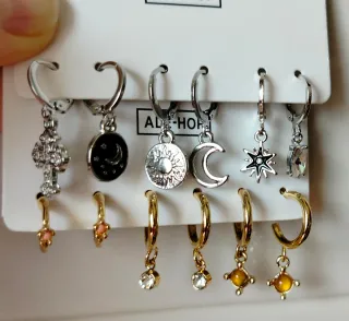 Set Pendientes Aro Luna Sol Estrella Cruz.