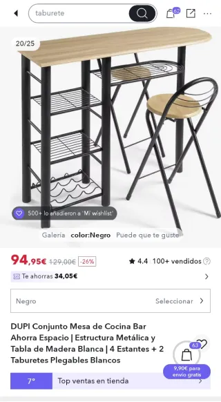 Mesa alta con 2 taburetes plegables y organizador.