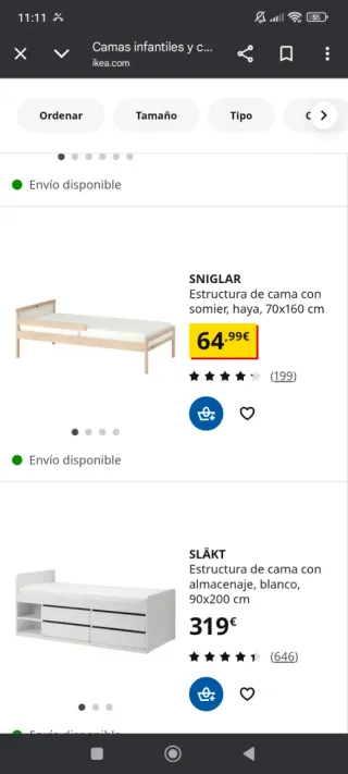 Pack cama Ikea SNIGLAR + colchón + protector