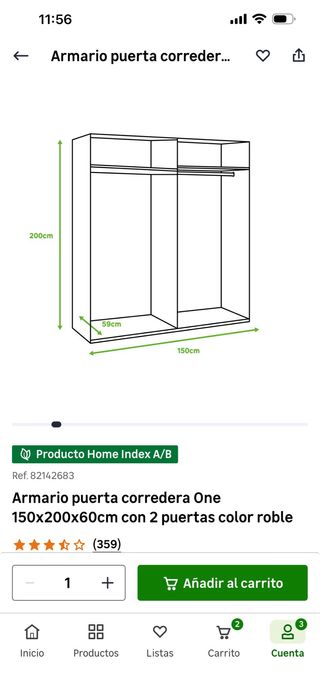 Armario 2 puertas correderas 150x200x60 cm