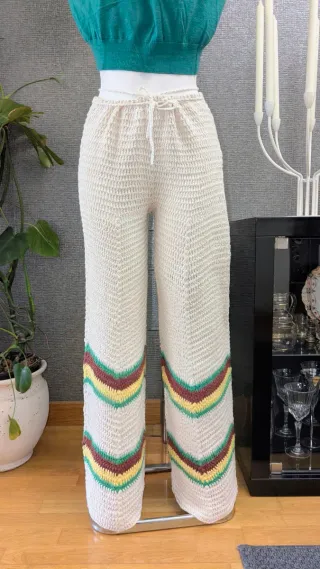 Pantalón Zara Ganchillo Mujer Beige Multicolor