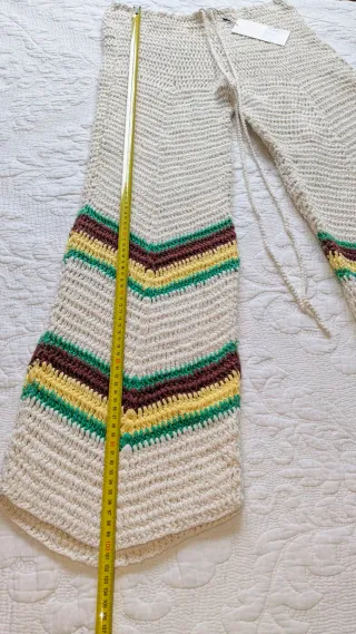 Pantalón Zara Ganchillo Mujer Beige Multicolor